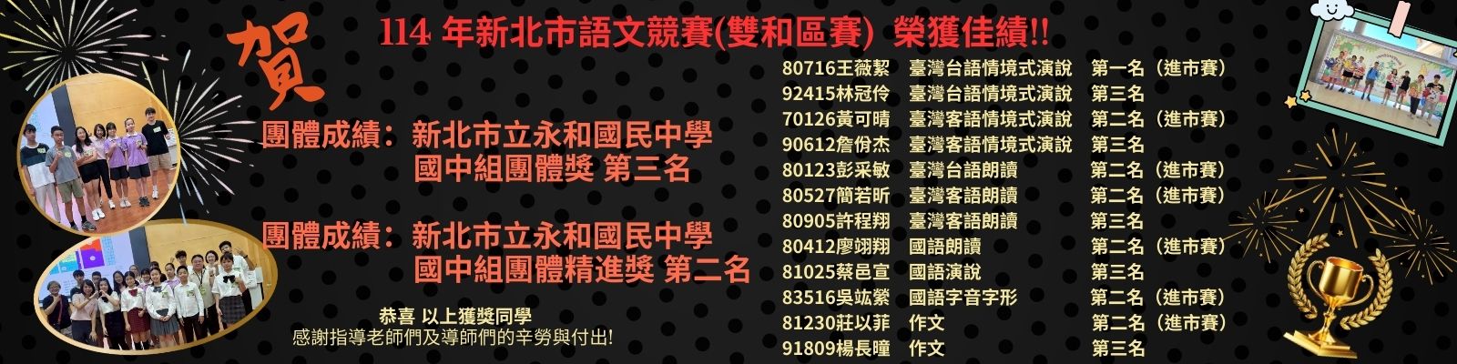114學年國語文競賽(雙和區)得獎名單